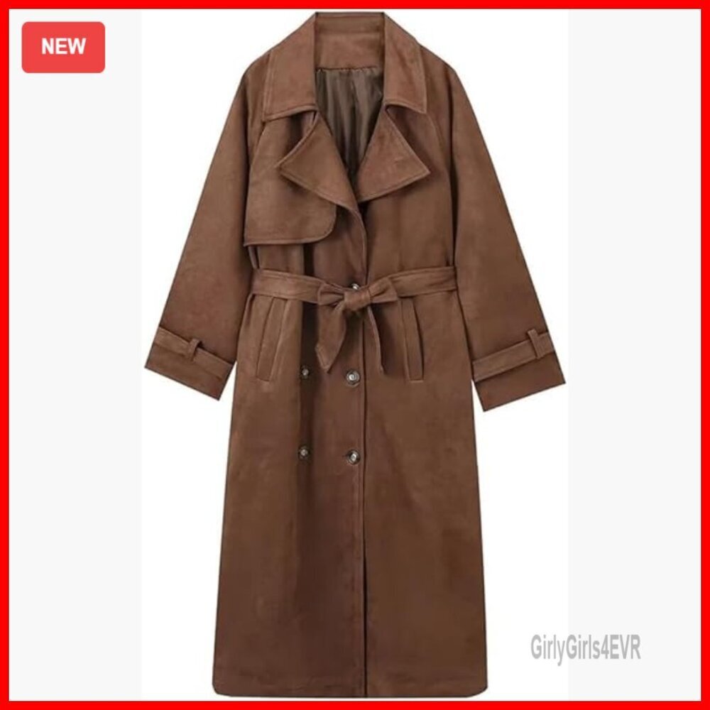 Faux Suede Trench Coat Double Breasted Pea Coat with Belt Women's Jacket